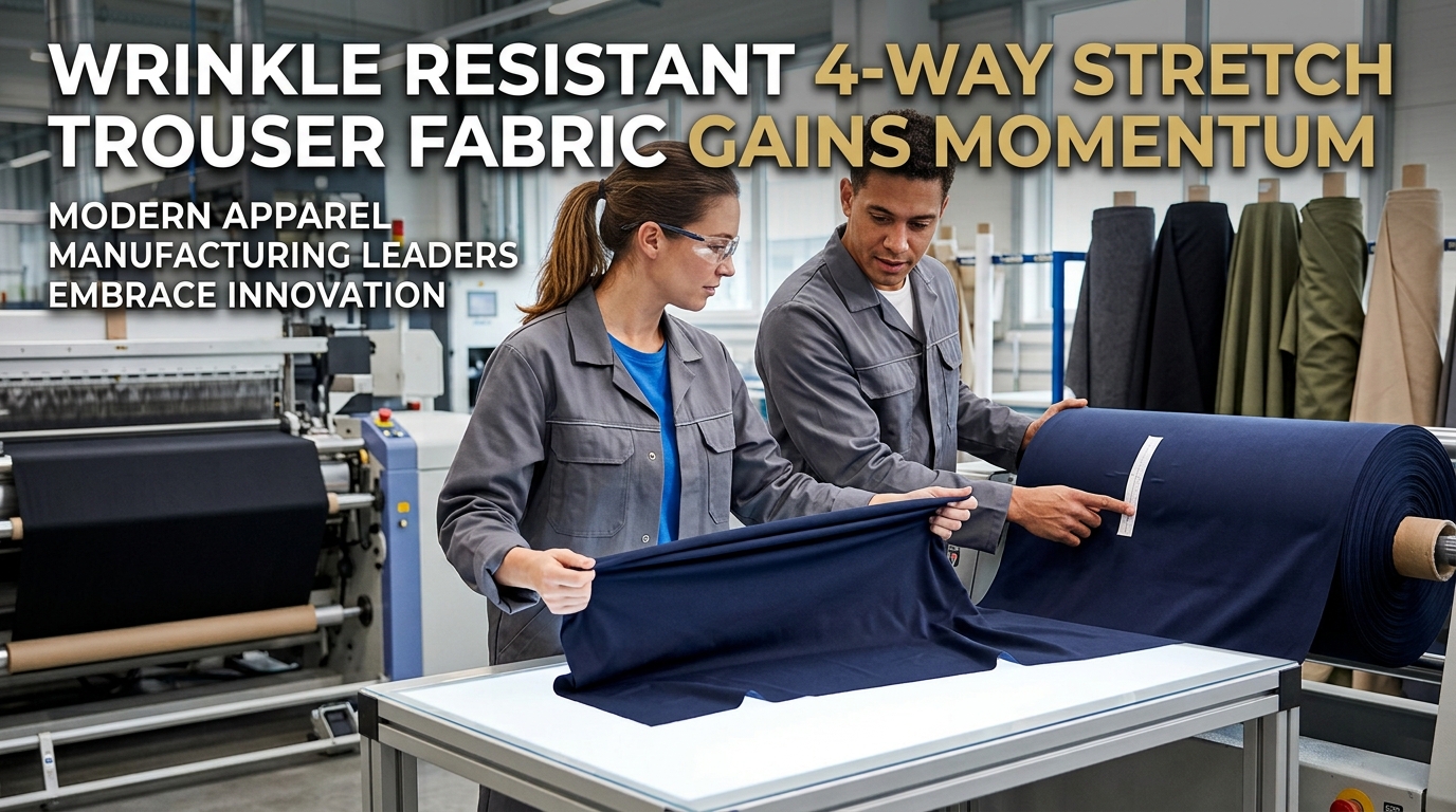 Țesătura pentru pantaloni elastică în 4 direcții, rezistentă la riduri, câștigă avânt în producția de îmbrăcăminte modernă Țesătura pentru pantaloni elastică în 4 direcții, rezistentă la riduri, câștigă avânt în producția de îmbrăcăminte modernă